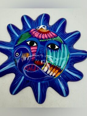 Colorful Mexican Talavera Hand-Painted Ceramic Sun Wall Art - Vibrant Blue